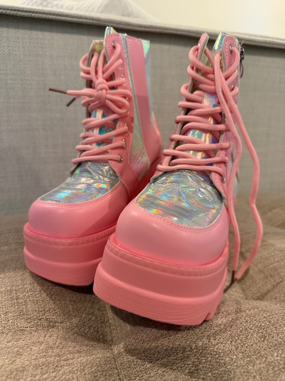 Pink Holographic Platform Lace-Up Rave Boots